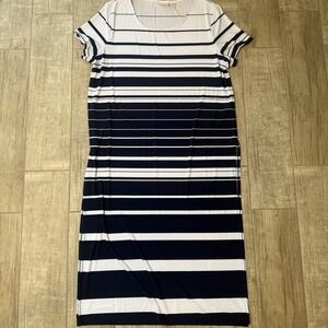 Chico's Navy & White Striped Tee Split Side Lightweight Maxi Dress Size 3 XL EUC